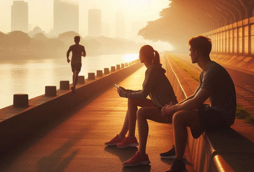 ジョギングの帰路、朝日に照らされた堤防に腰を降ろす二人の男女「さえ」と「けい」