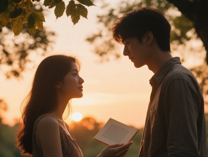 夕暮れの公園で詩集の最後の1ページを恋人に手渡す女性