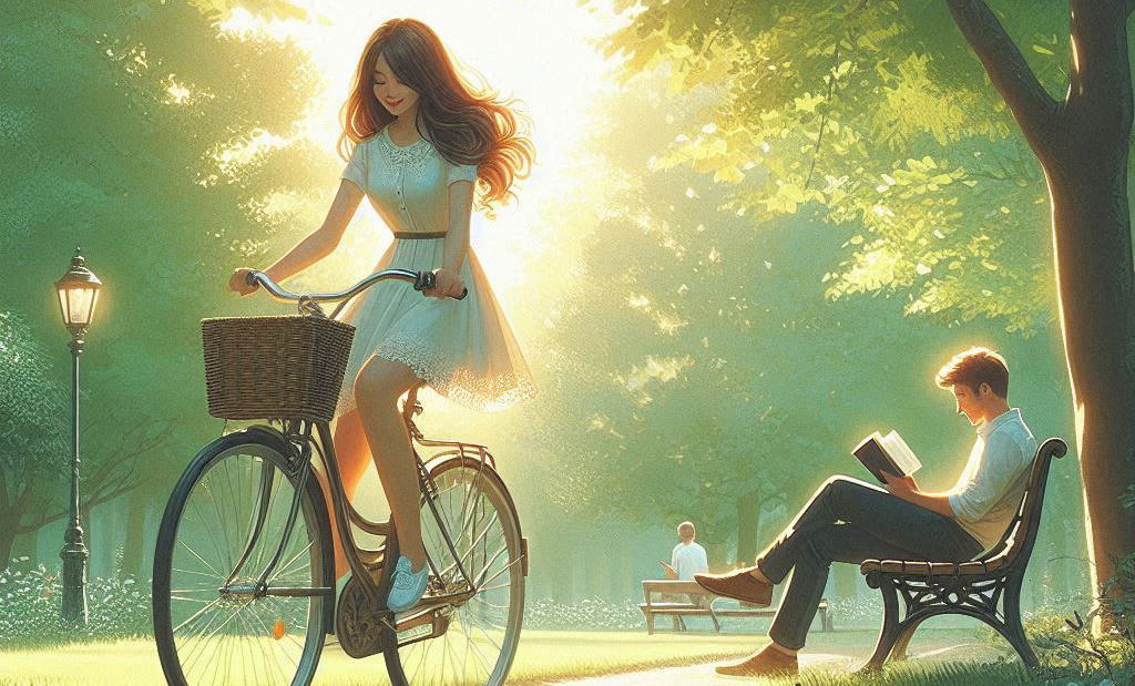 自転車で公園を駆け抜ける「みなみ」を、静かに読書を楽しむ「ようすけ」が見つめる